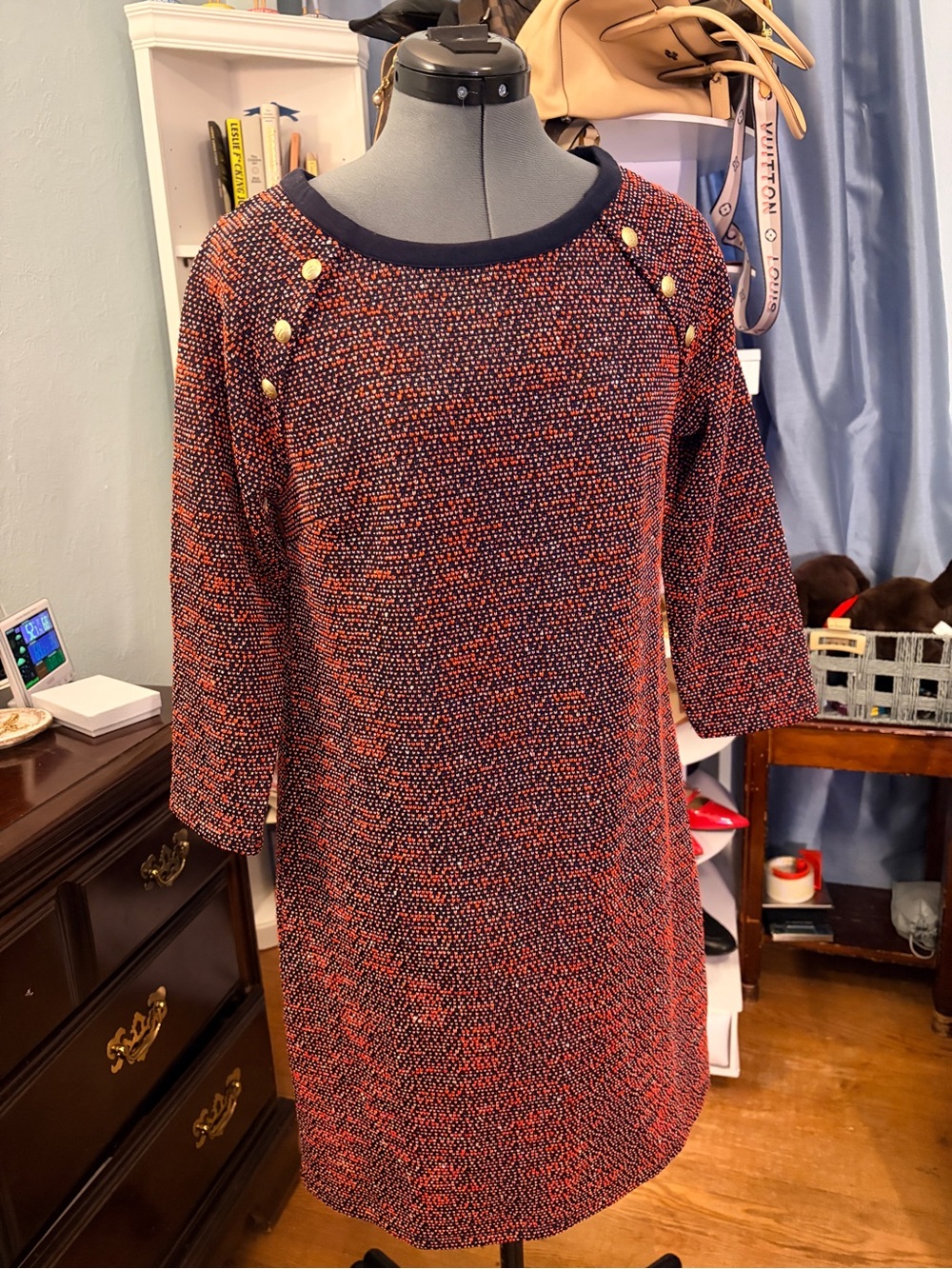 Talbots Navy & Coral Knit Shift Dress Gold Button Detail Medium
